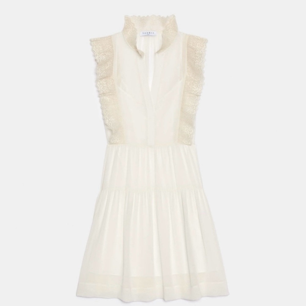 Sandro Paris Gracie Lace Trimmed Sheer Knee Length Dress in Ecru Ivory Small 1